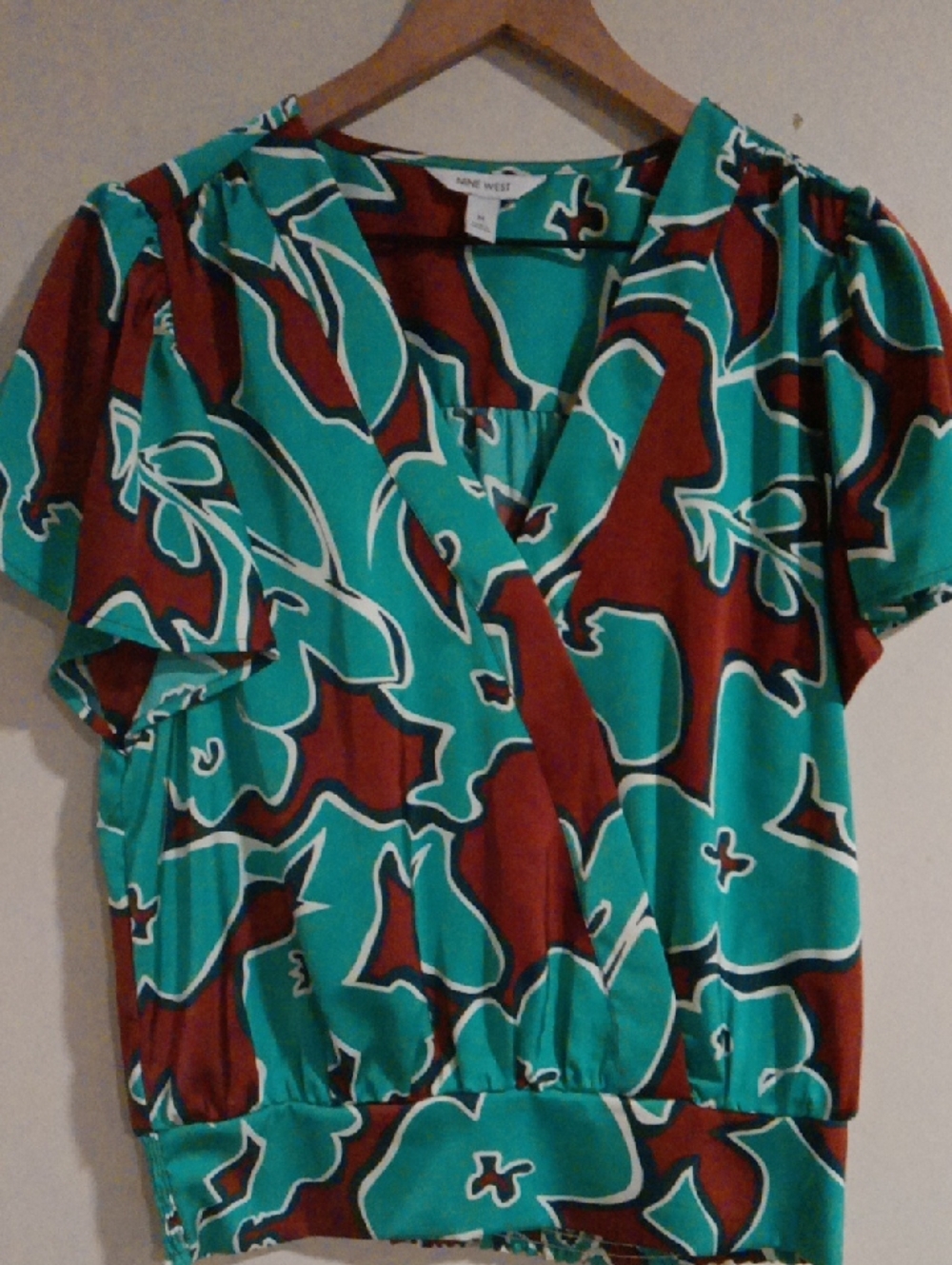 Nine West Teal & Rust Floral Wrap Blouse